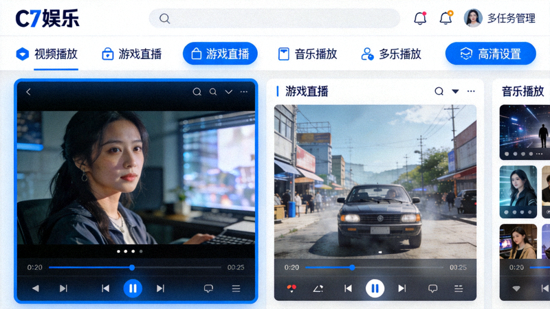 C7娱乐电脑端客户端桌面视图，展示多任务与高清画质