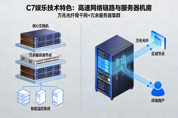 C7娱乐技术特色介绍配图 - 高速网络链路与服务器机房示意图