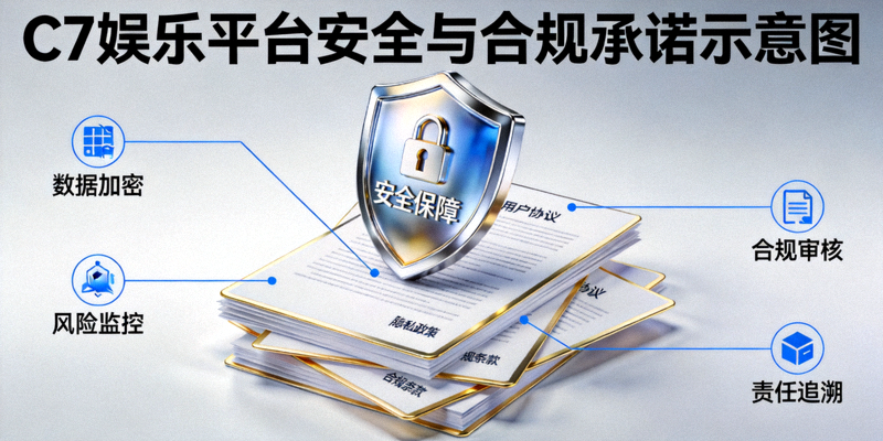 C7娱乐平台安全与合规承诺示意图：盾牌与法律文书